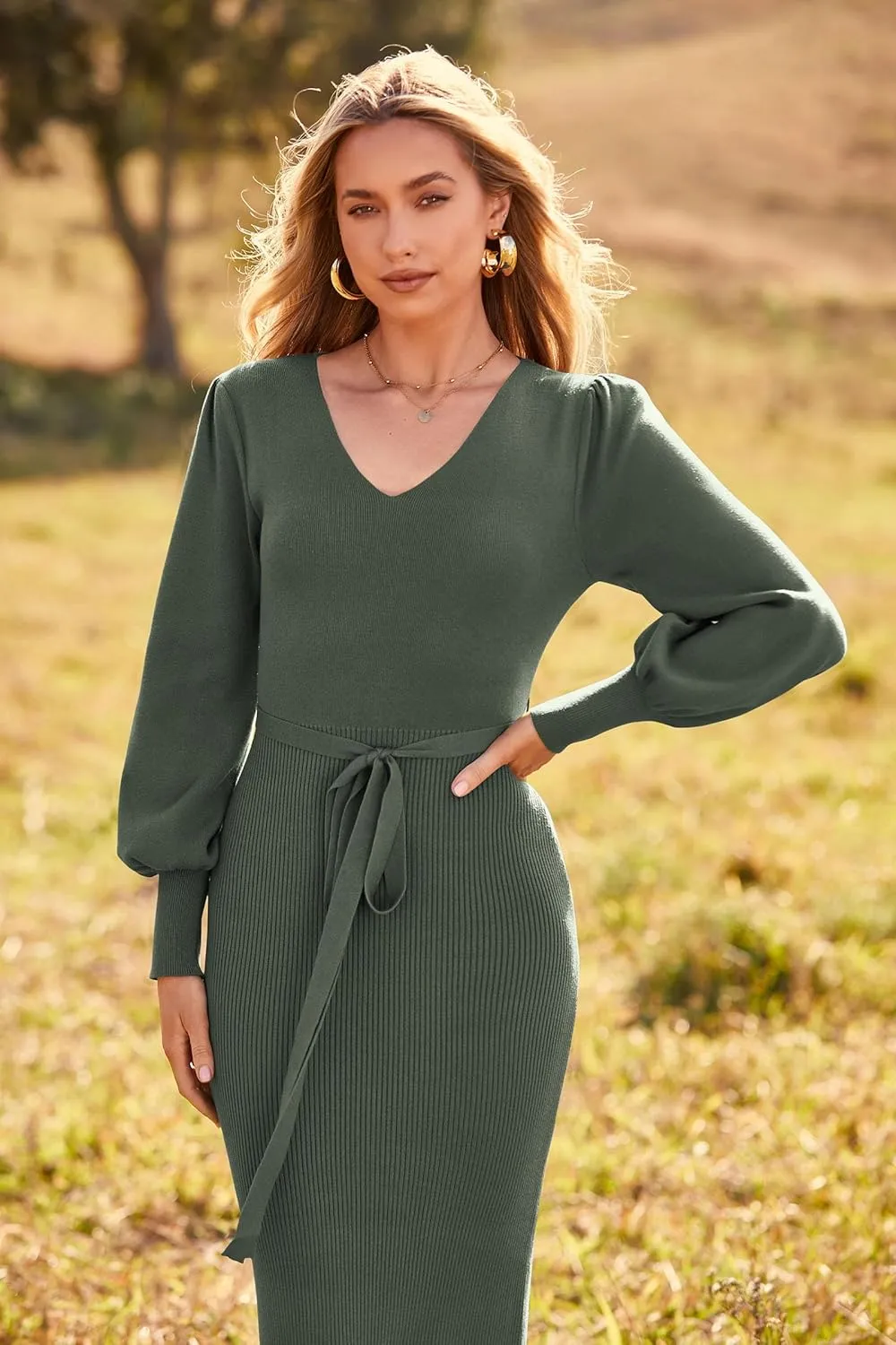 PRETTYGARDEN Women's Fall Knit Pullover Sweater Dress Elegant Long Lantern Sleeve V Neck Winter Maxi Bodycon Dresses