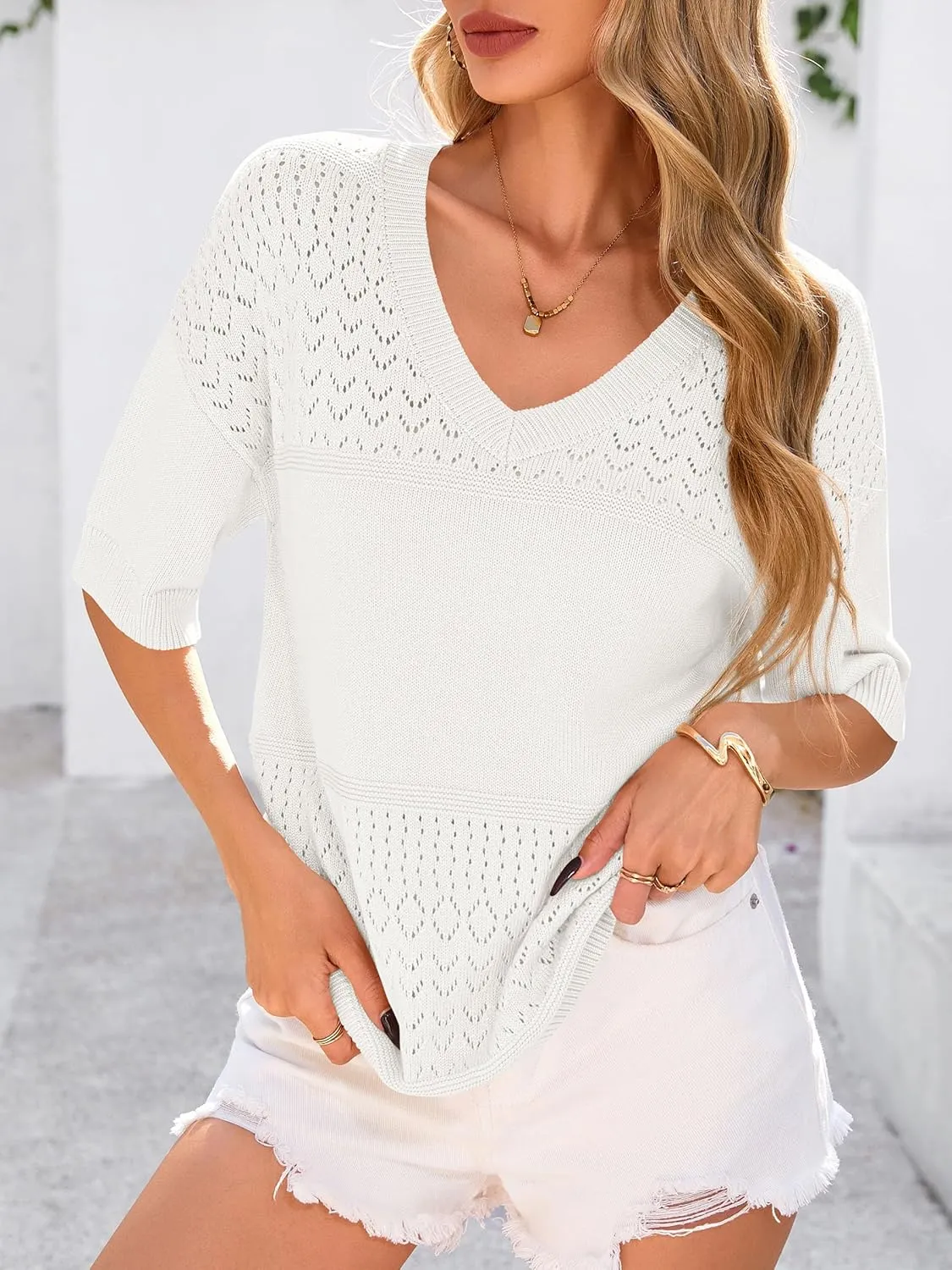 PRETTYGARDEN Women's Short Sleeve Sweater Tops 2025 Spring Summer Casual V Neck Ribbed Knit Trendy Eyelet Blouse T Shirts