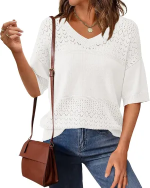 PRETTYGARDEN Women's Short Sleeve Sweater Tops 2025 Spring Summer Casual V Neck Ribbed Knit Trendy Eyelet Blouse T Shirts