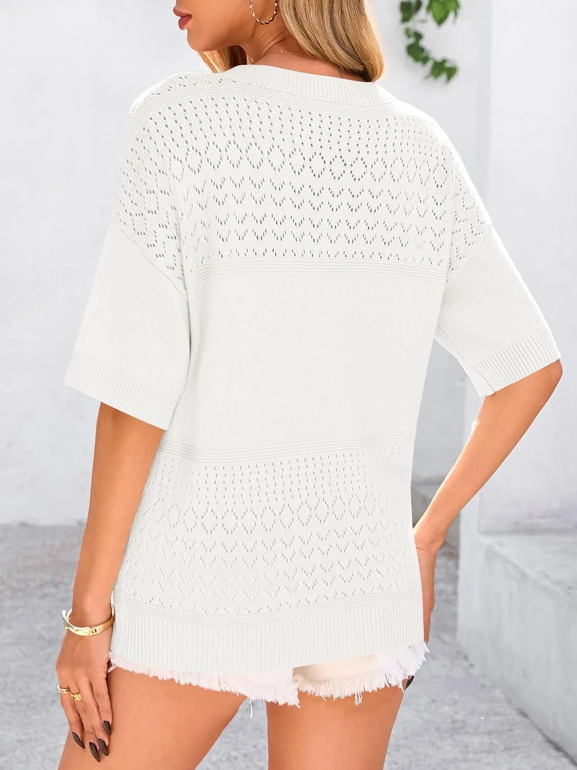 PRETTYGARDEN Women's Short Sleeve Sweater Tops 2025 Spring Summer Casual V Neck Ribbed Knit Trendy Eyelet Blouse T Shirts