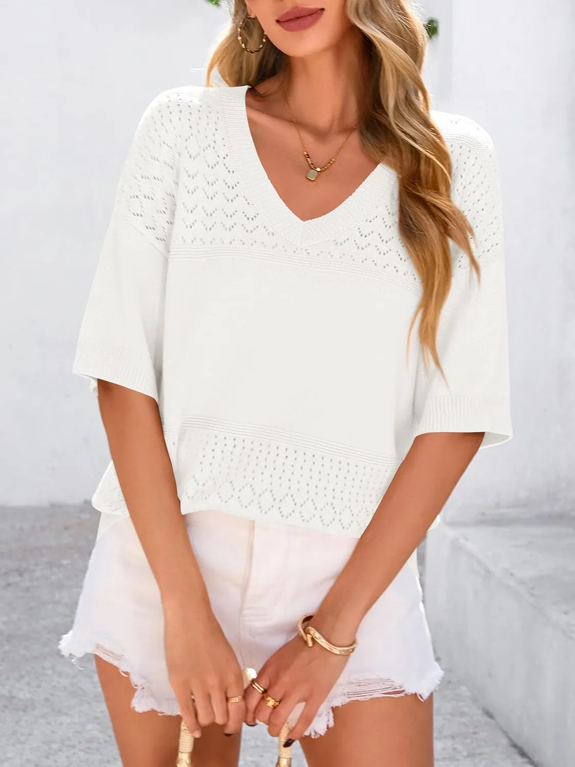 PRETTYGARDEN Women's Short Sleeve Sweater Tops 2025 Spring Summer Casual V Neck Ribbed Knit Trendy Eyelet Blouse T Shirts