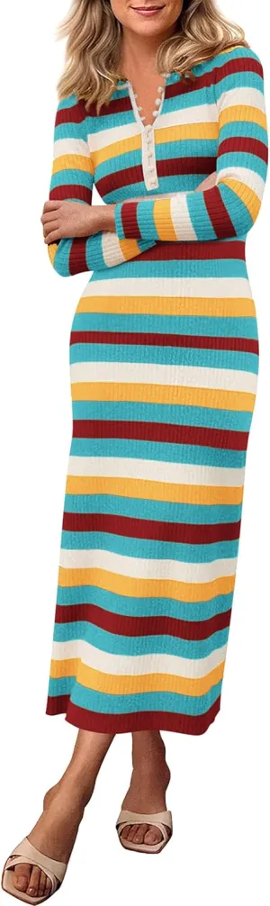 PRETTYGARDEN Women's Striped Spring Midi Sweater Dress Fall Long Sleeve Button Up V Neck Knit Bodycon Vacation Party Dresses