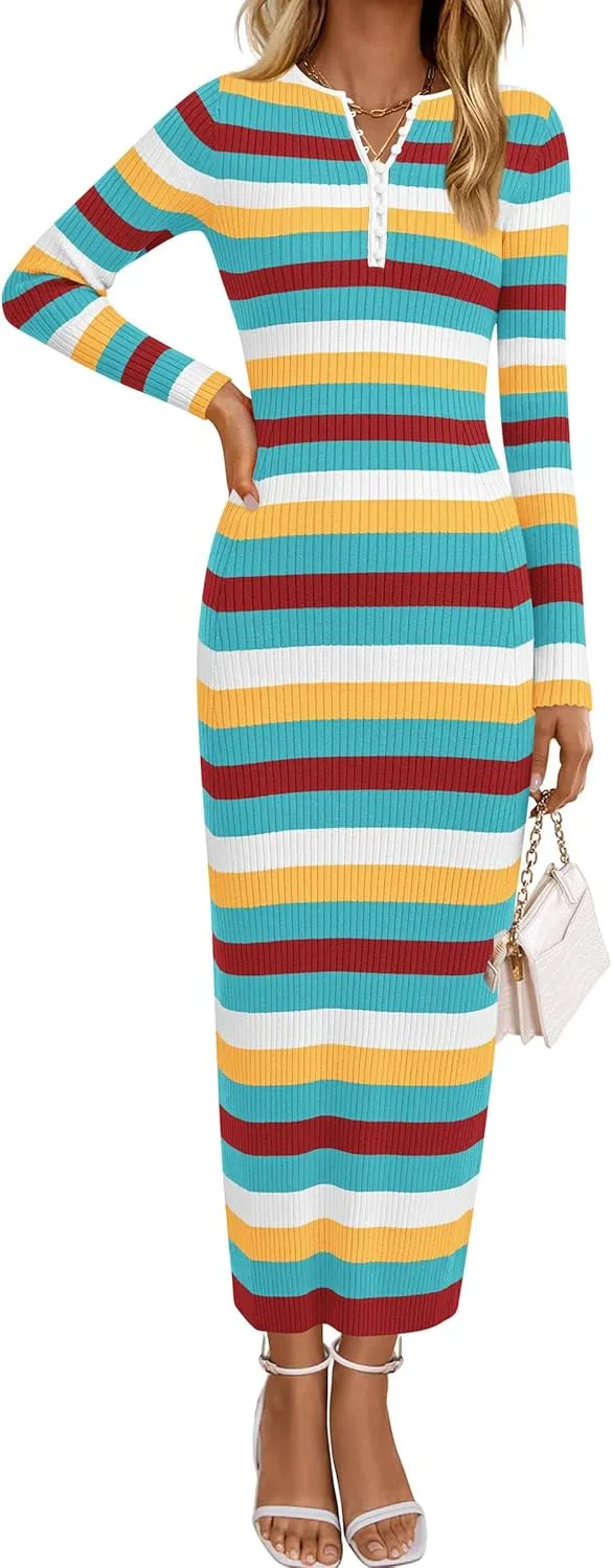 PRETTYGARDEN Women's Striped Spring Midi Sweater Dress Fall Long Sleeve Button Up V Neck Knit Bodycon Vacation Party Dresses