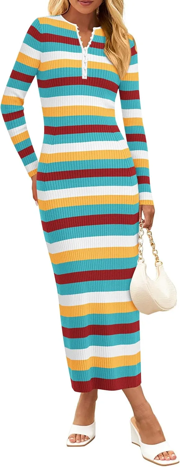 PRETTYGARDEN Women's Striped Spring Midi Sweater Dress Fall Long Sleeve Button Up V Neck Knit Bodycon Vacation Party Dresses