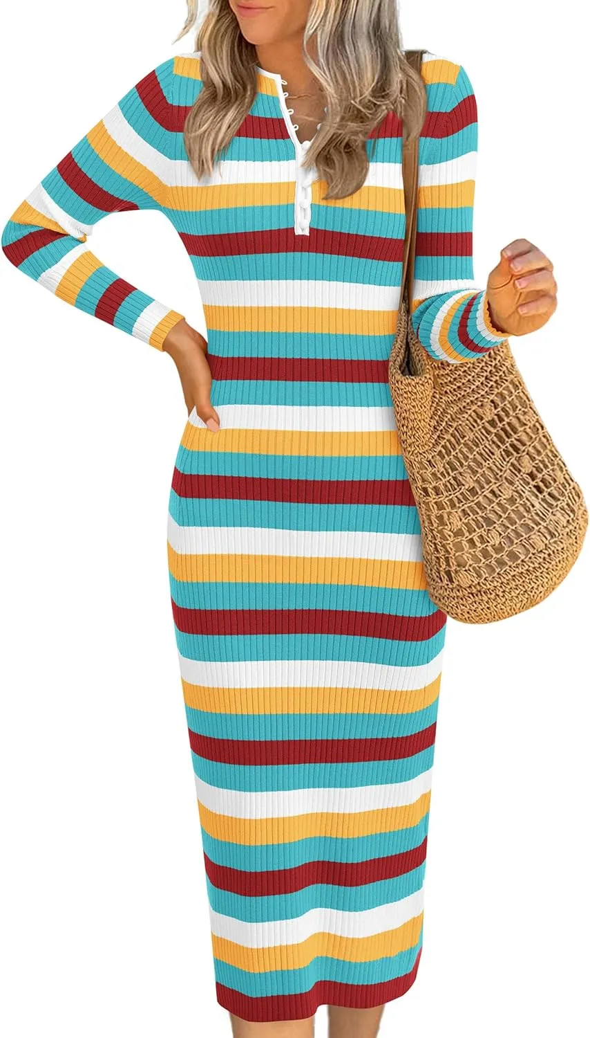 PRETTYGARDEN Women's Striped Spring Midi Sweater Dress Fall Long Sleeve Button Up V Neck Knit Bodycon Vacation Party Dresses