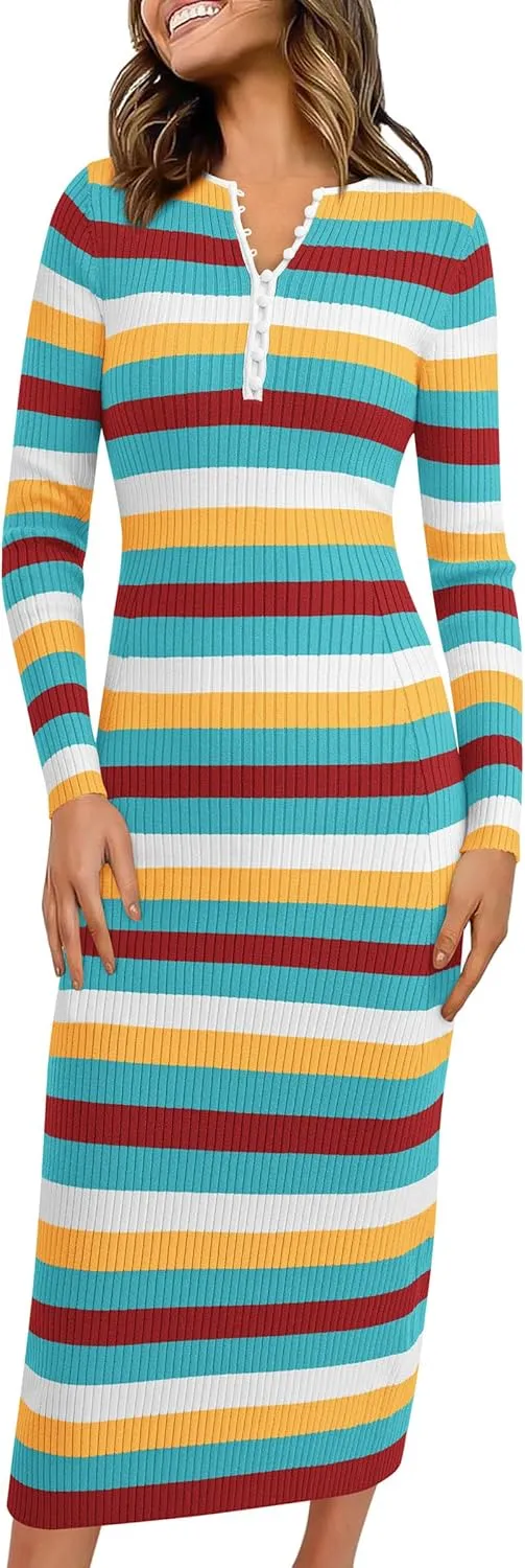 PRETTYGARDEN Women's Striped Spring Midi Sweater Dress Fall Long Sleeve Button Up V Neck Knit Bodycon Vacation Party Dresses