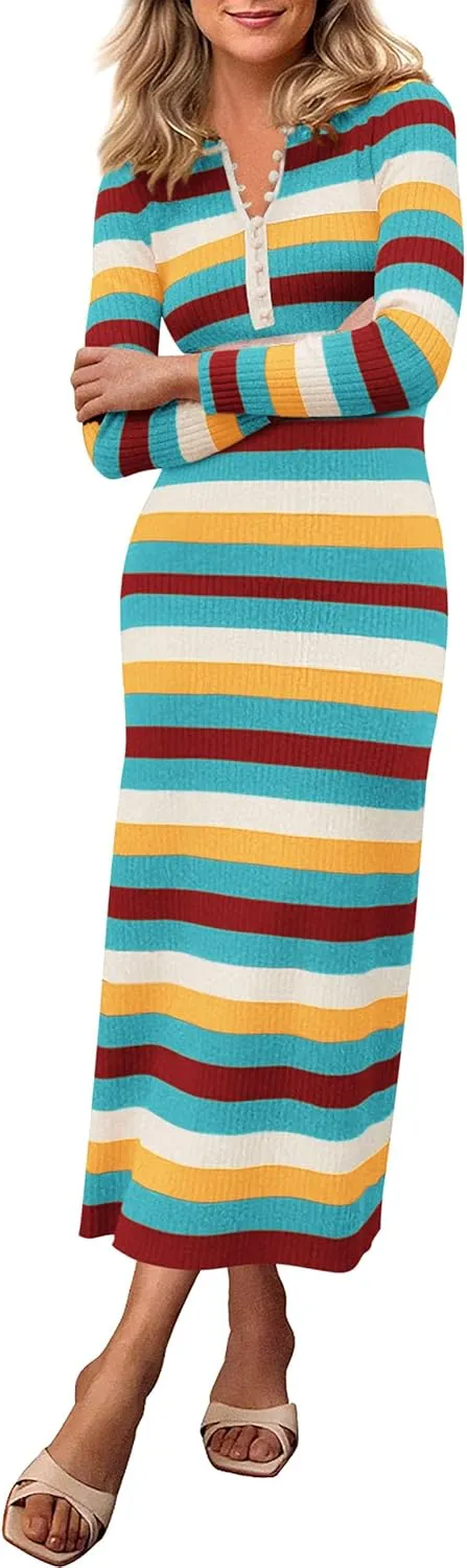 PRETTYGARDEN Women's Striped Spring Midi Sweater Dress Fall Long Sleeve Button Up V Neck Knit Bodycon Vacation Party Dresses