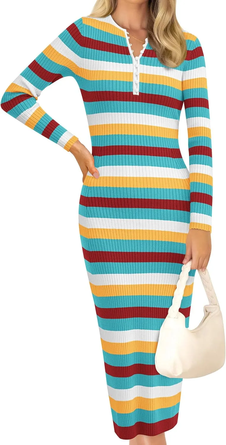 PRETTYGARDEN Women's Striped Spring Midi Sweater Dress Fall Long Sleeve Button Up V Neck Knit Bodycon Vacation Party Dresses