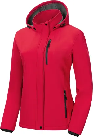 Pursky Women's Softshell Jacket Lightweight Fleece Lined Rain Jacket Waterproof Warm Windbreaker Coat With Removable Hood