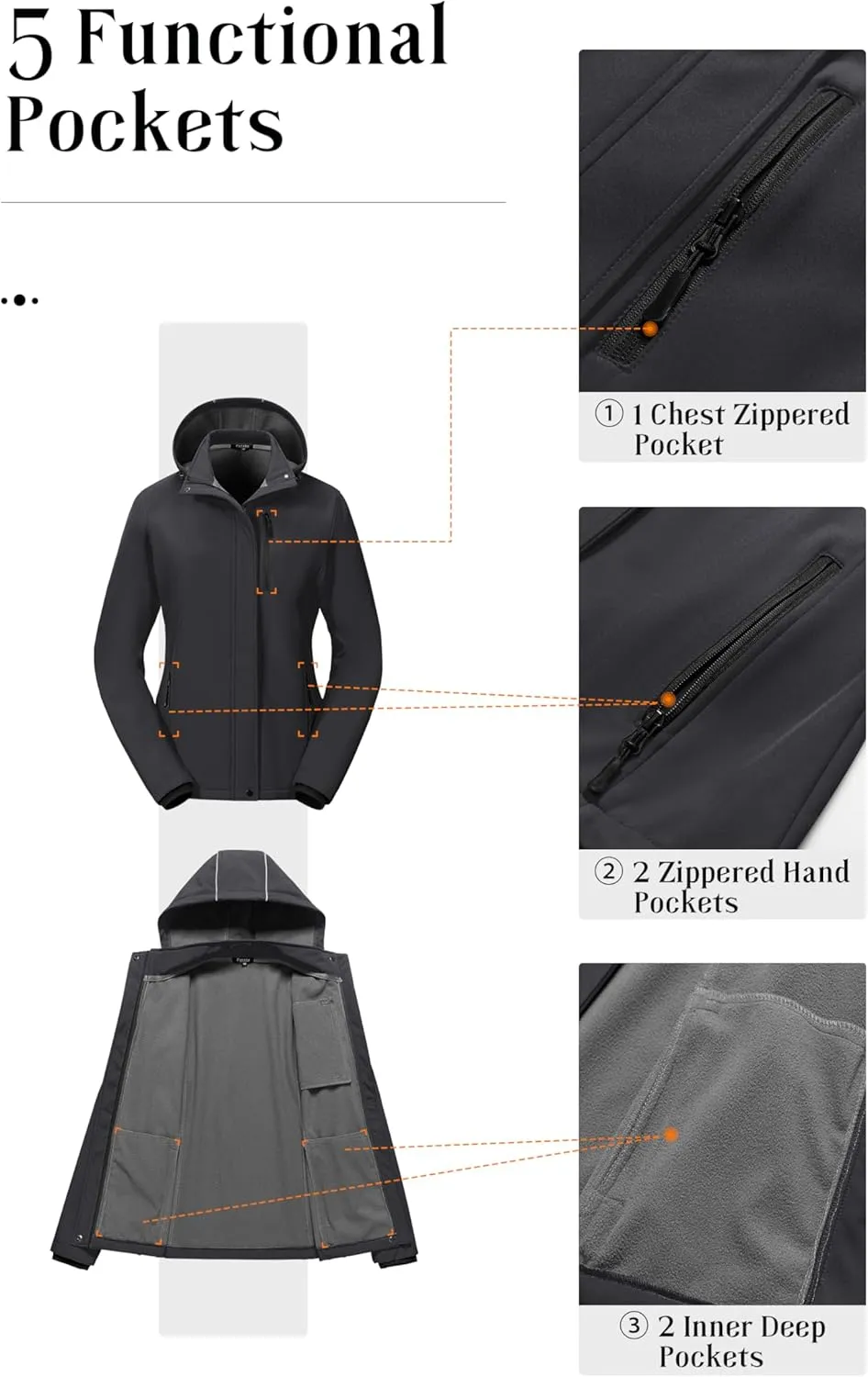 Pursky Women's Softshell Jacket Lightweight Fleece Lined Rain Jacket Waterproof Warm Windbreaker Coat With Removable Hood