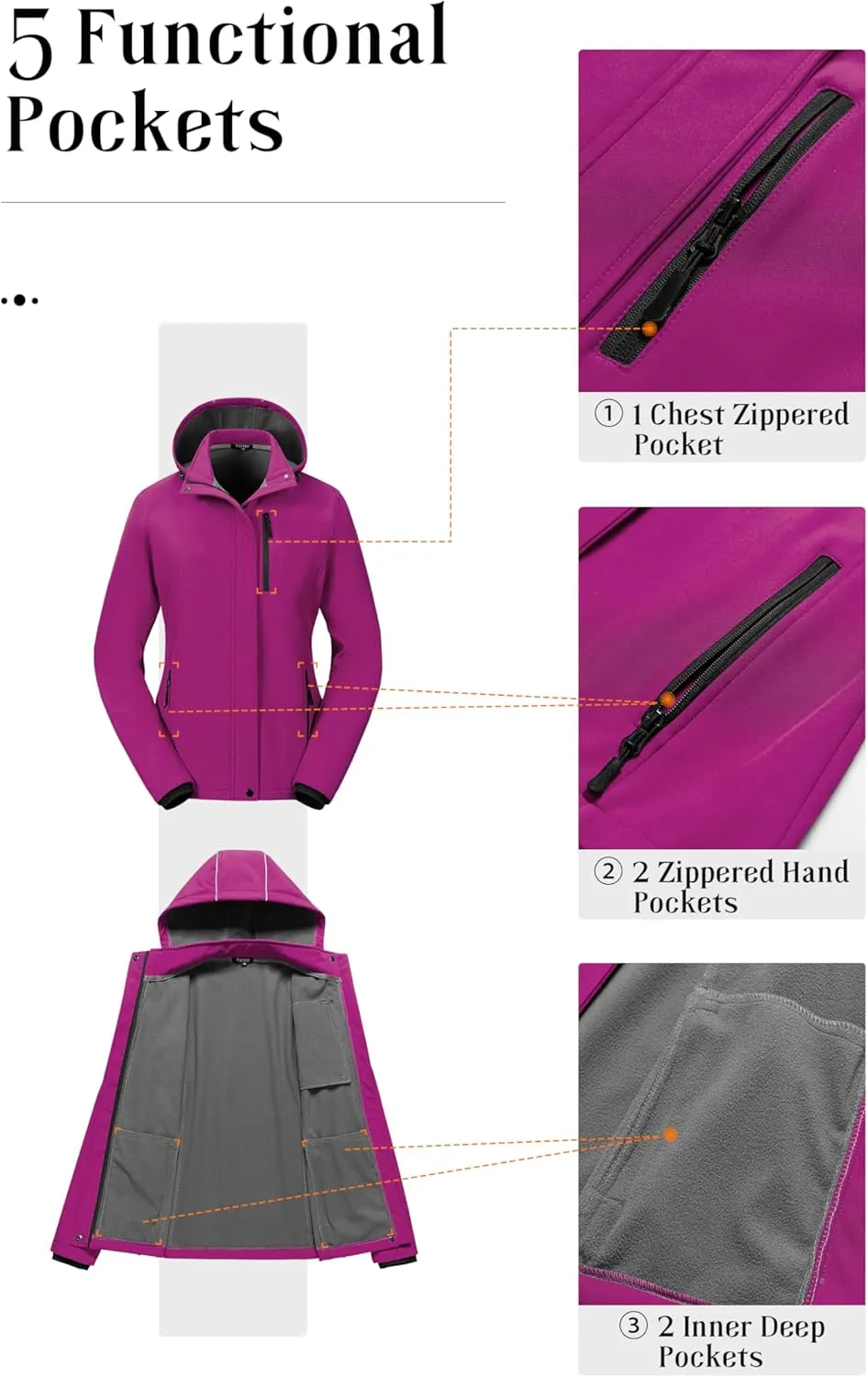 Pursky Women's Softshell Jacket Lightweight Fleece Lined Rain Jacket Waterproof Warm Windbreaker Coat With Removable Hood