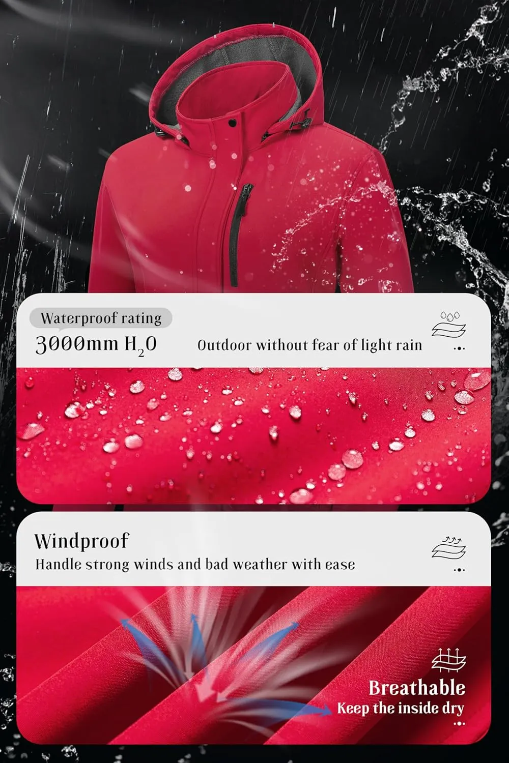 Pursky Women's Softshell Jacket Lightweight Fleece Lined Rain Jacket Waterproof Warm Windbreaker Coat With Removable Hood