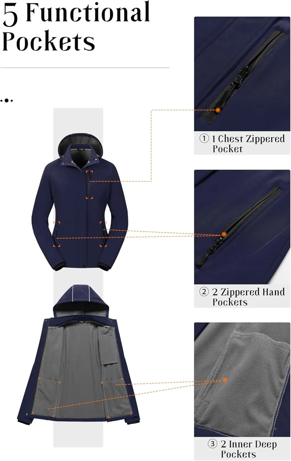 Pursky Women's Softshell Jacket Lightweight Fleece Lined Rain Jacket Waterproof Warm Windbreaker Coat With Removable Hood