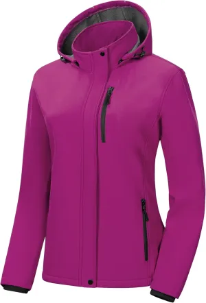 Pursky Women's Softshell Jacket Lightweight Fleece Lined Rain Jacket Waterproof Warm Windbreaker Coat With Removable Hood