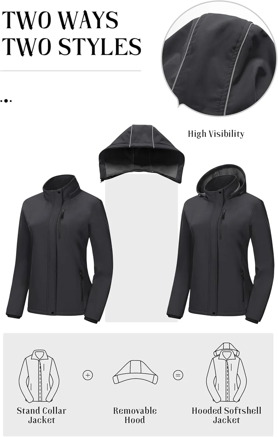 Pursky Women's Softshell Jacket Lightweight Fleece Lined Rain Jacket Waterproof Warm Windbreaker Coat With Removable Hood