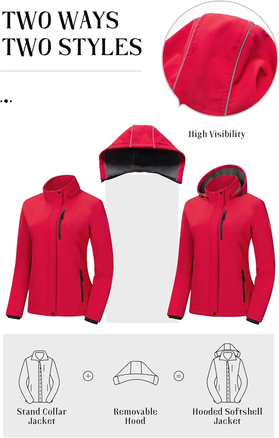 Pursky Women's Softshell Jacket Lightweight Fleece Lined Rain Jacket Waterproof Warm Windbreaker Coat With Removable Hood