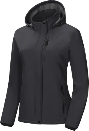 Pursky Women's Softshell Jacket Lightweight Fleece Lined Rain Jacket Waterproof Warm Windbreaker Coat With Removable Hood