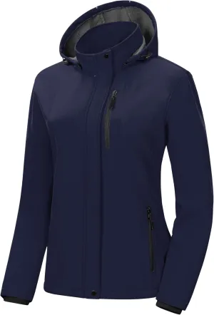 Pursky Women's Softshell Jacket Lightweight Fleece Lined Rain Jacket Waterproof Warm Windbreaker Coat With Removable Hood