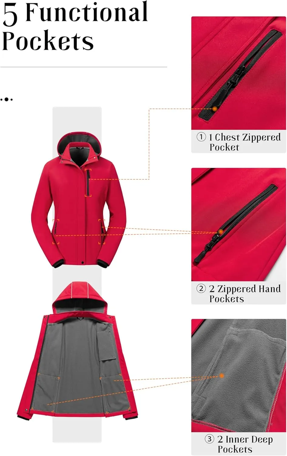 Pursky Women's Softshell Jacket Lightweight Fleece Lined Rain Jacket Waterproof Warm Windbreaker Coat With Removable Hood