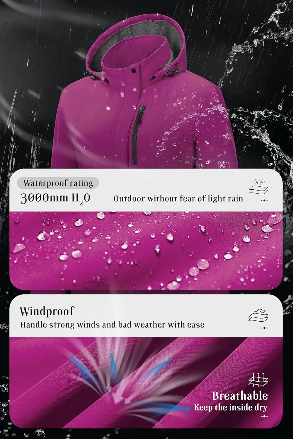 Pursky Women's Softshell Jacket Lightweight Fleece Lined Rain Jacket Waterproof Warm Windbreaker Coat With Removable Hood