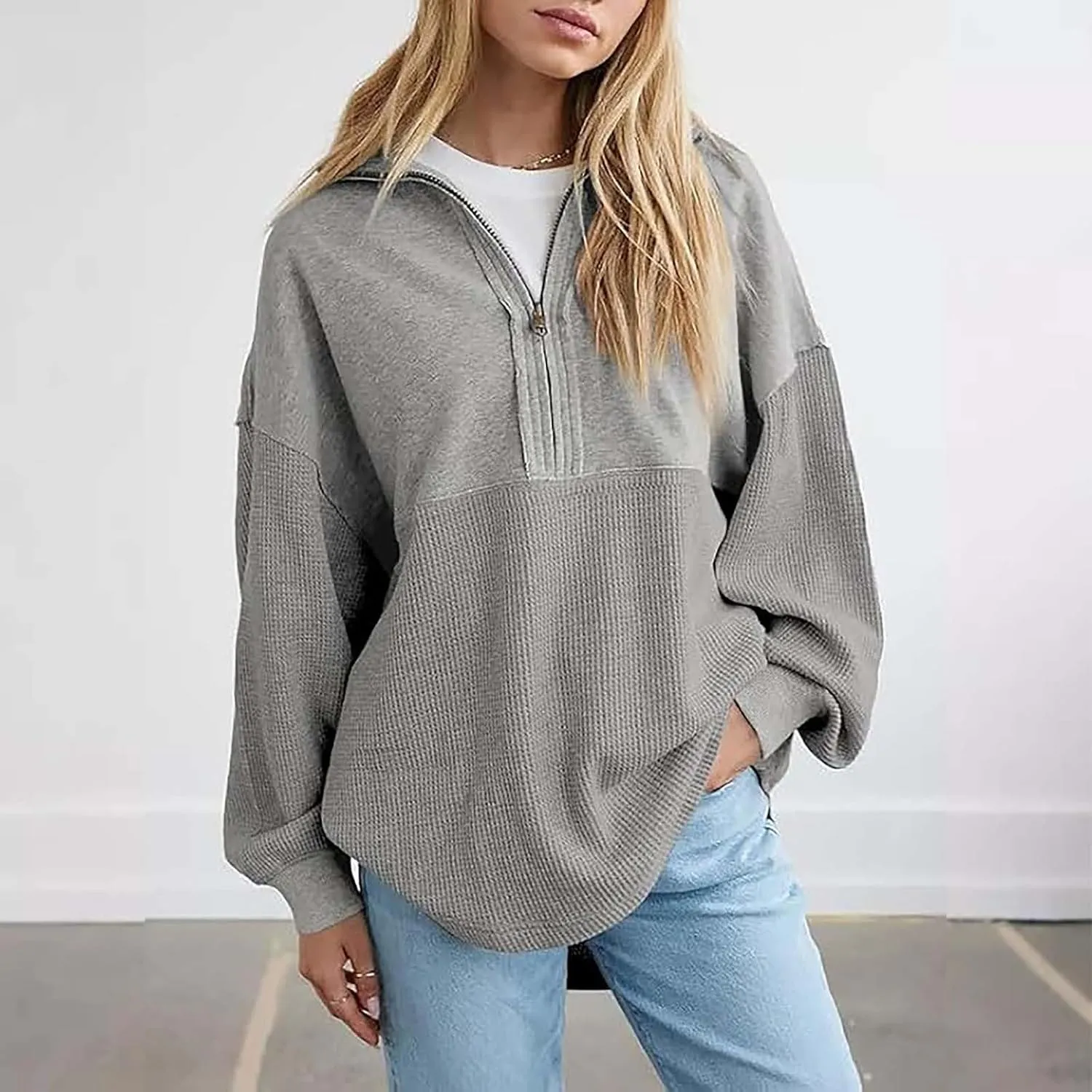 Quarter Zip Pullover Women Oversized Sweatshirt Fall Outfits for Women 2024 Knit Half Zip Pullover Loose Long Sleeve