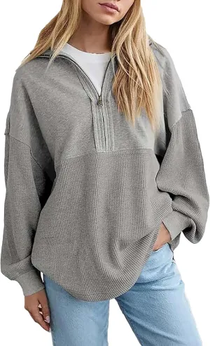 Quarter Zip Pullover Women Oversized Sweatshirt Fall Outfits for Women 2024 Knit Half Zip Pullover Loose Long Sleeve
