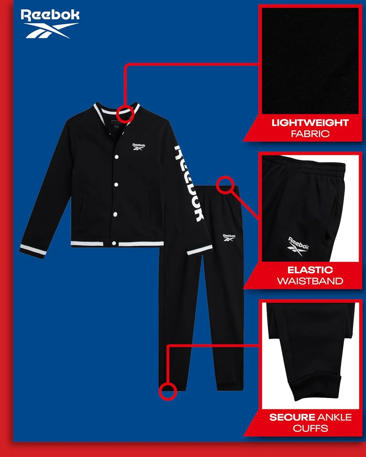 Reebok Boys' Active Tracksuit Set - 2 Piece Performance Fleece Varsity Jacket and Jogger Sweatpants for Boys (Sizes: 8-12)