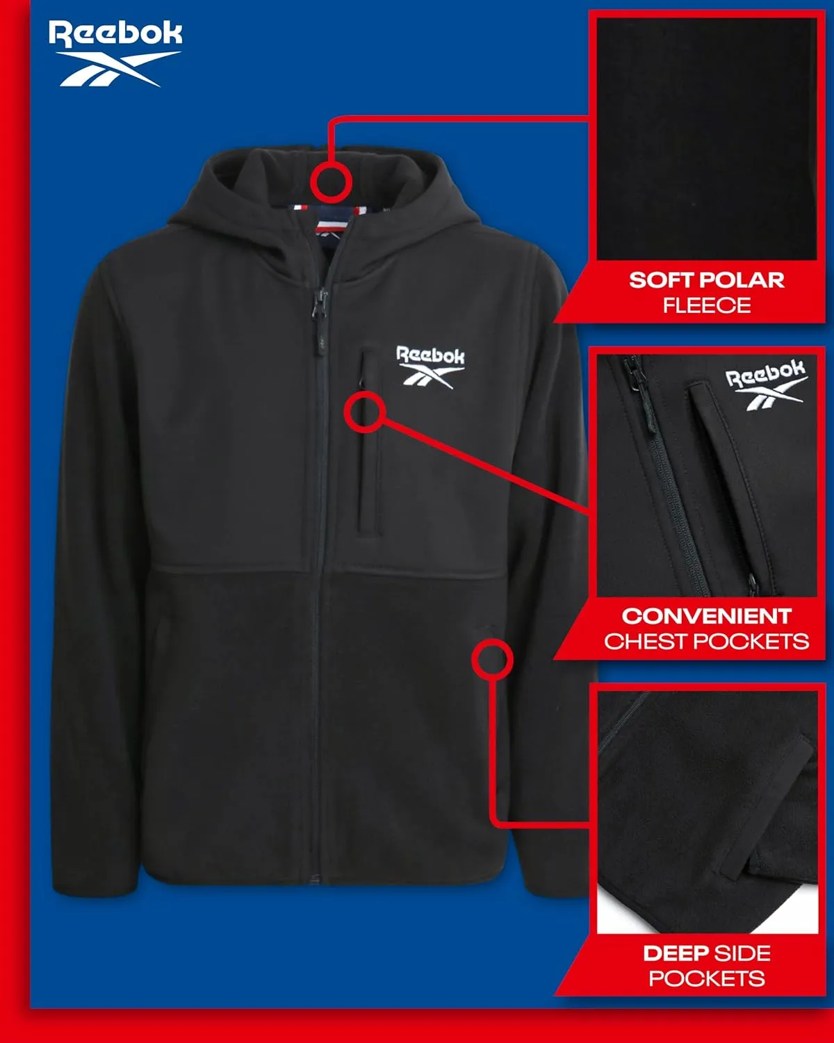 Reebok Boys' Jacket - Warm Polar Fleece Zip Up Hoodie Jacket for Boys - Lightweight Athletic Boy's Comfort Hoodie (4-20)
