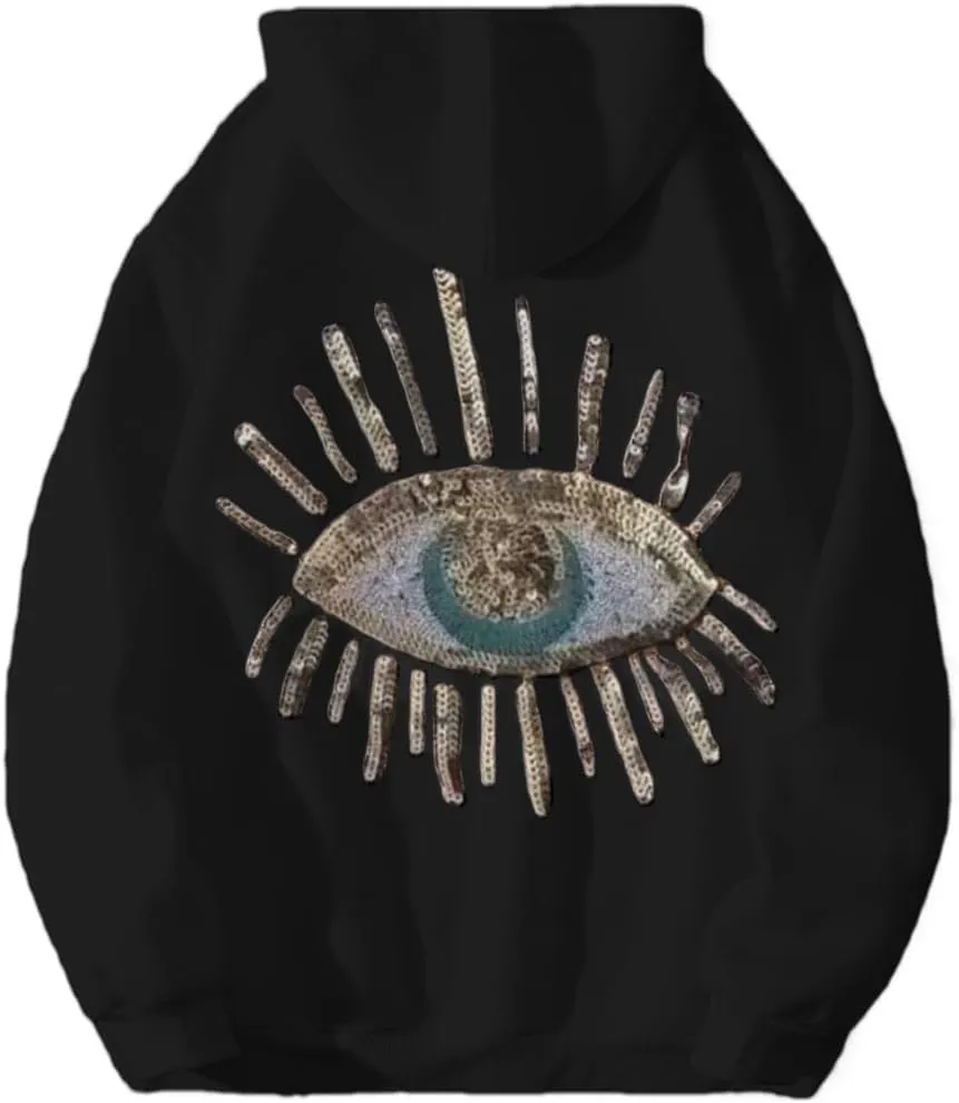 RICHTRUE Sequin Evil Eye Hoodies Y2k Eyelashes Printed Pullover Hoodie Oversized Hooded Sweatshirt Women Graphic Hoodies