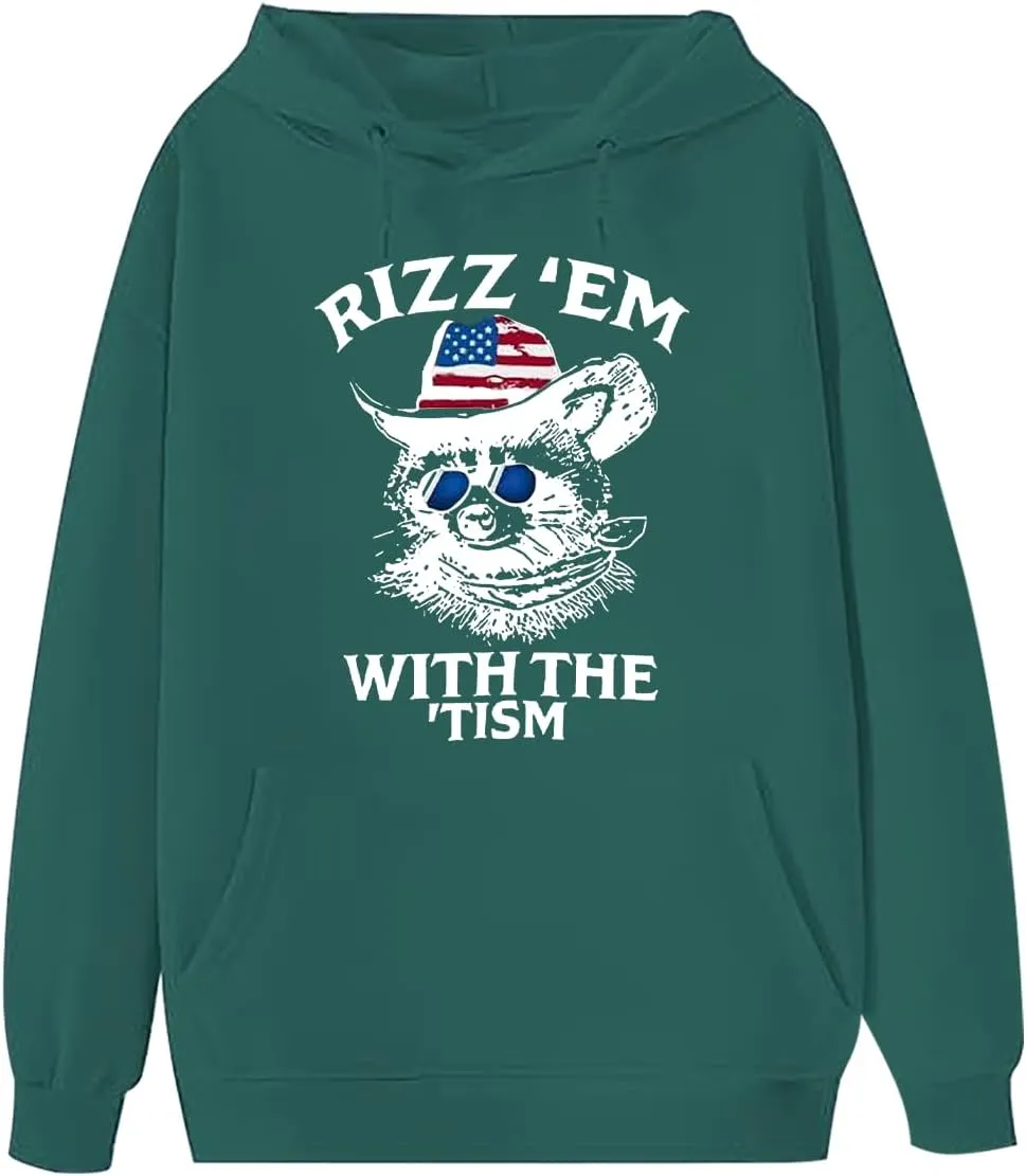 Rizz Em With The Tism Hoodie, Rizz Em With The Tism Funny Raccoon Meme Hoodie, Unisex Funny Raccoon Pullover Hoodie