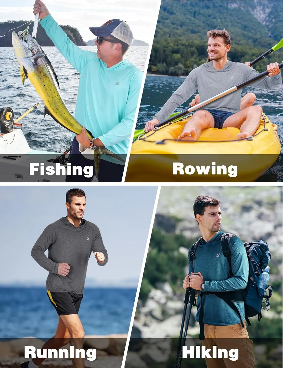 Roadbox Men's UPF 50  Fishing Shirts, Long Sleeve UV Sun Protection SPF Hoodie, Quick Dry Swim Rash Guard for Outdoor Hiking