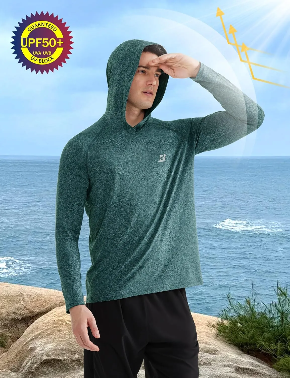 Roadbox Men's UPF 50  Fishing Shirts, Long Sleeve UV Sun Protection SPF Hoodie, Quick Dry Swim Rash Guard for Outdoor Hiking