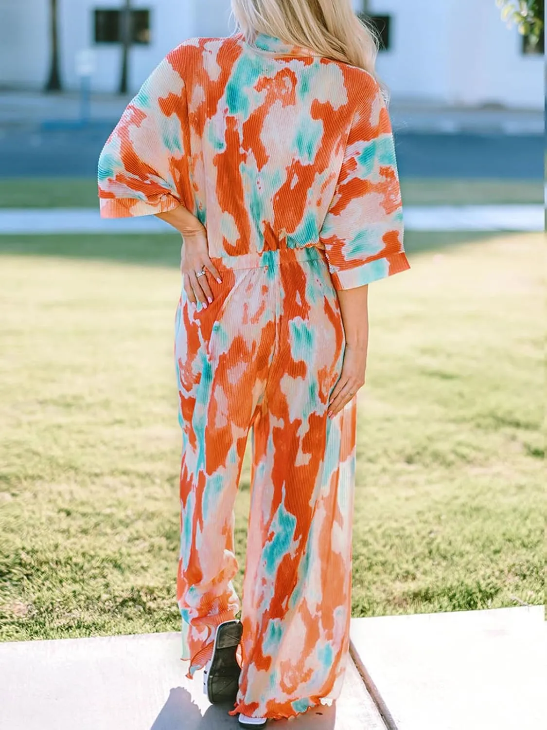 SANHECUN Jumpsuits for Women 2024 Short Sleeve V Neck Button Belted Wide Leg Loose Fit Casual Boho Style Rompers Jumpers