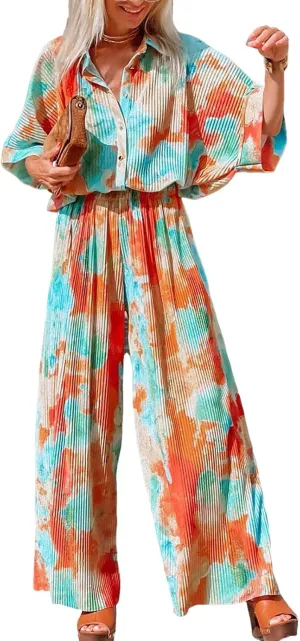 SANHECUN Jumpsuits for Women 2024 Short Sleeve V Neck Button Belted Wide Leg Loose Fit Casual Boho Style Rompers Jumpers