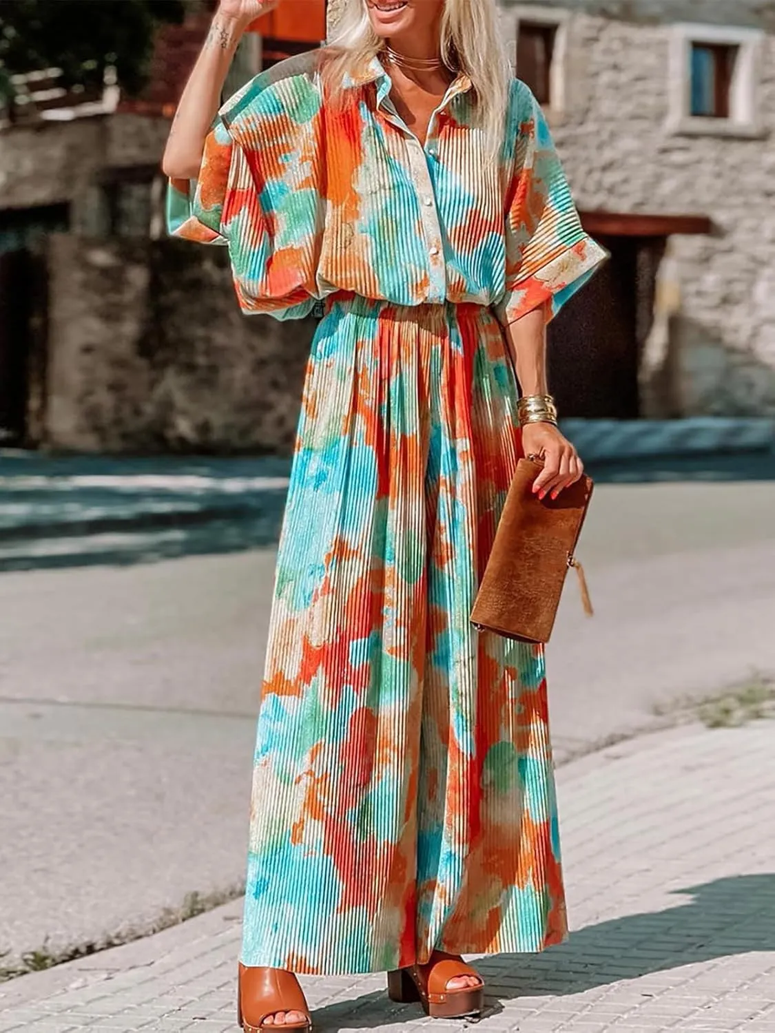 SANHECUN Jumpsuits for Women 2024 Short Sleeve V Neck Button Belted Wide Leg Loose Fit Casual Boho Style Rompers Jumpers