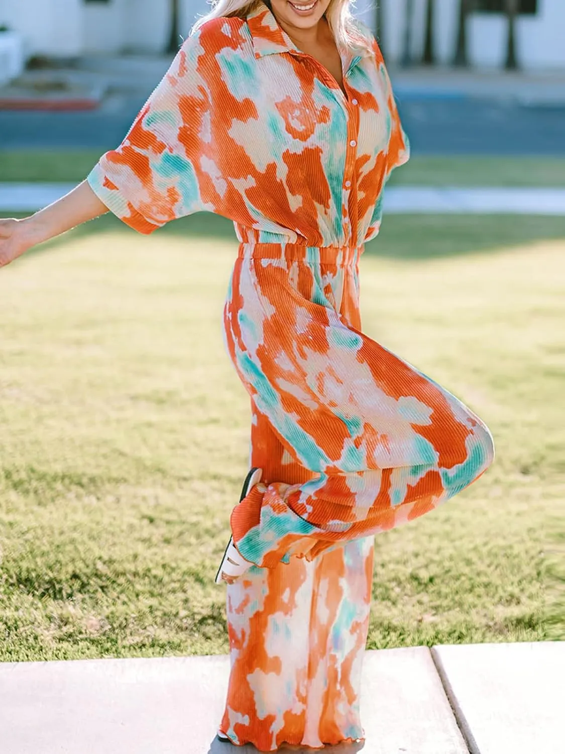 SANHECUN Jumpsuits for Women 2024 Short Sleeve V Neck Button Belted Wide Leg Loose Fit Casual Boho Style Rompers Jumpers