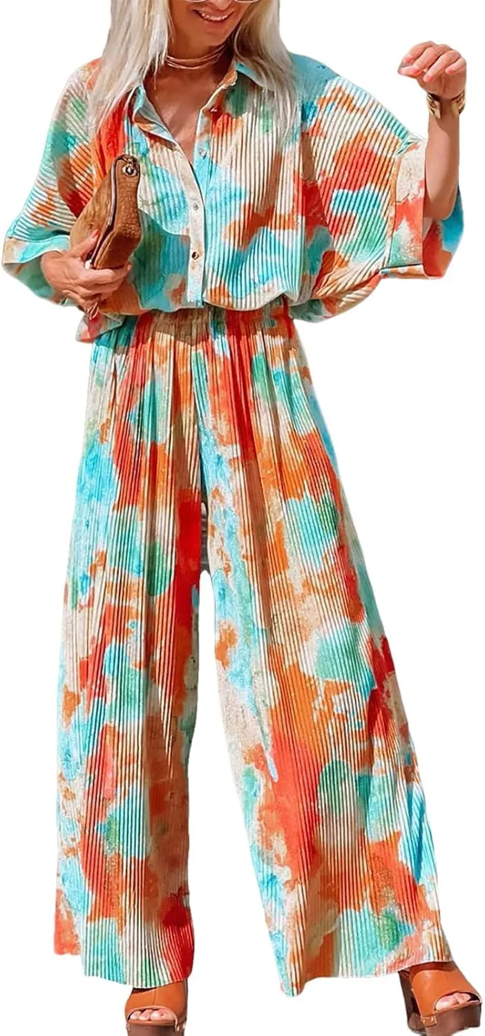 SANHECUN Jumpsuits for Women 2024 Short Sleeve V Neck Button Belted Wide Leg Loose Fit Casual Boho Style Rompers Jumpers