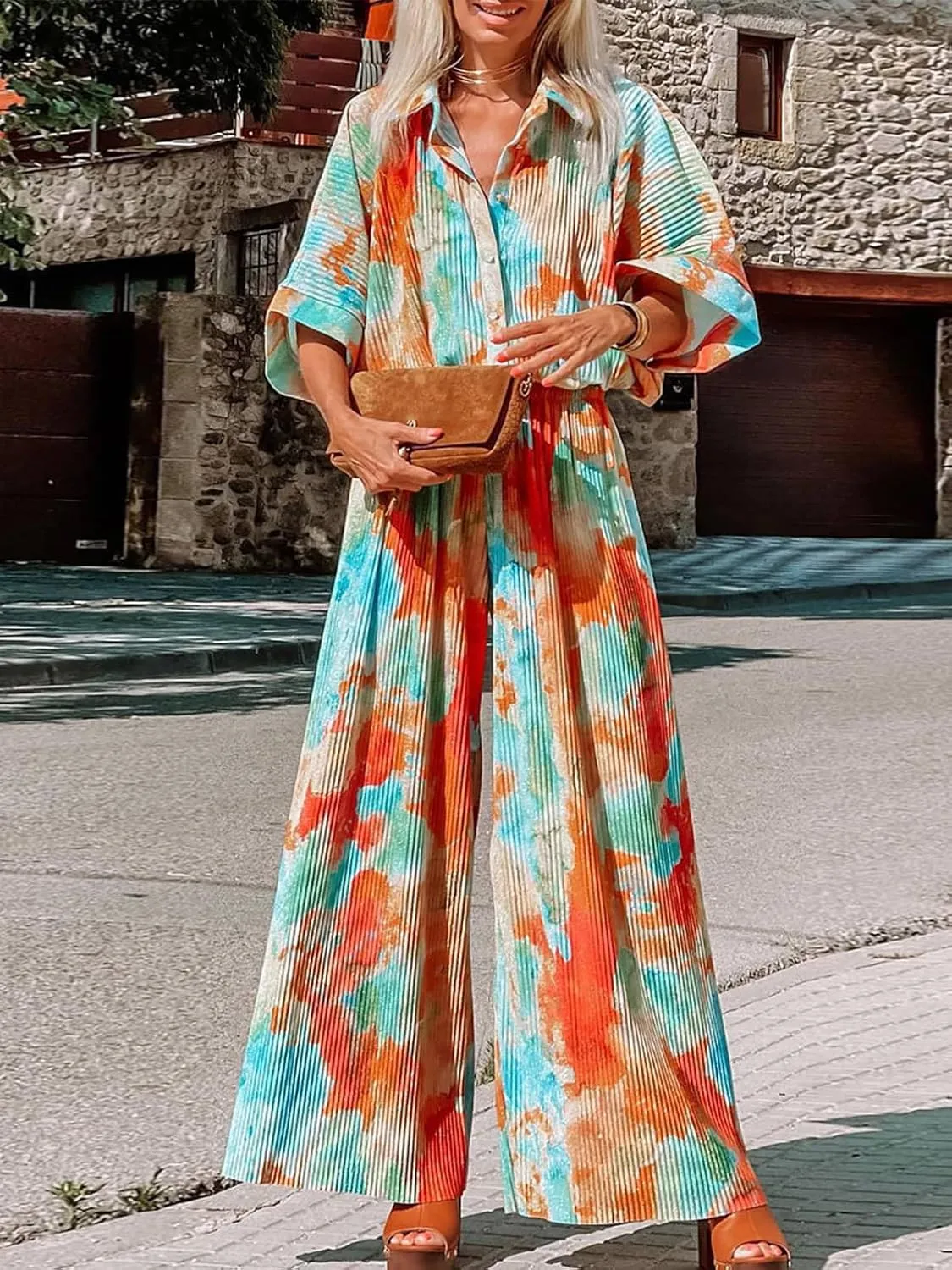 SANHECUN Jumpsuits for Women 2024 Short Sleeve V Neck Button Belted Wide Leg Loose Fit Casual Boho Style Rompers Jumpers