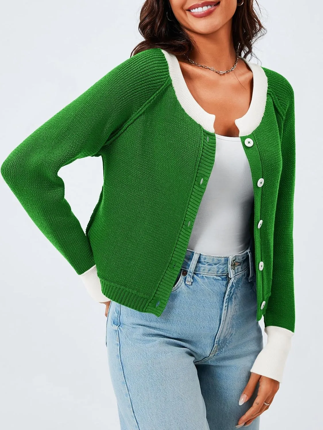 Saodimallsu Womens Cropped Cardigan Sweaters Button Down Open Front Long Sleeve Fall Trendy Color Block Knit Coats