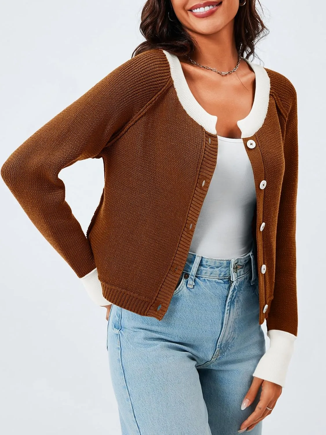Saodimallsu Womens Cropped Cardigan Sweaters Button Down Open Front Long Sleeve Fall Trendy Color Block Knit Coats