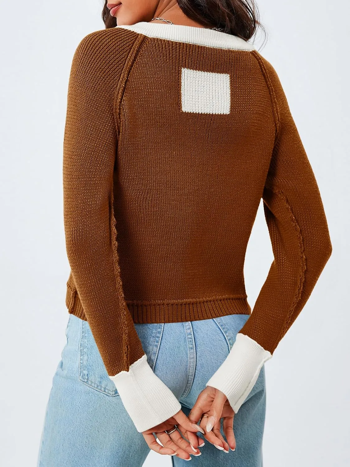 Saodimallsu Womens Cropped Cardigan Sweaters Button Down Open Front Long Sleeve Fall Trendy Color Block Knit Coats