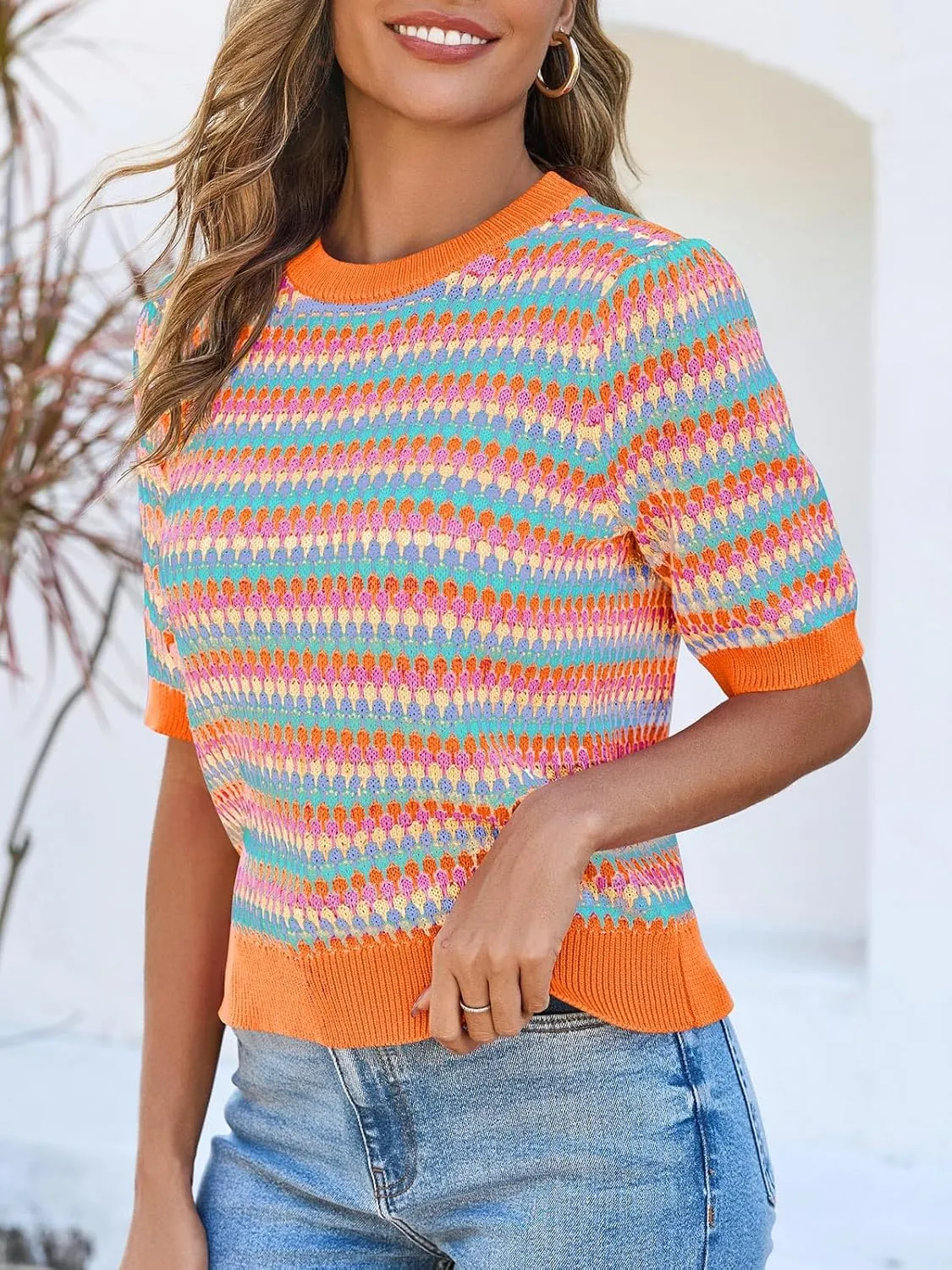 Saodimallsu Womens Short Sleeve Striped Sweater Tops Summer Color Block Crew Neck Cute Colorful Going Out Shirts