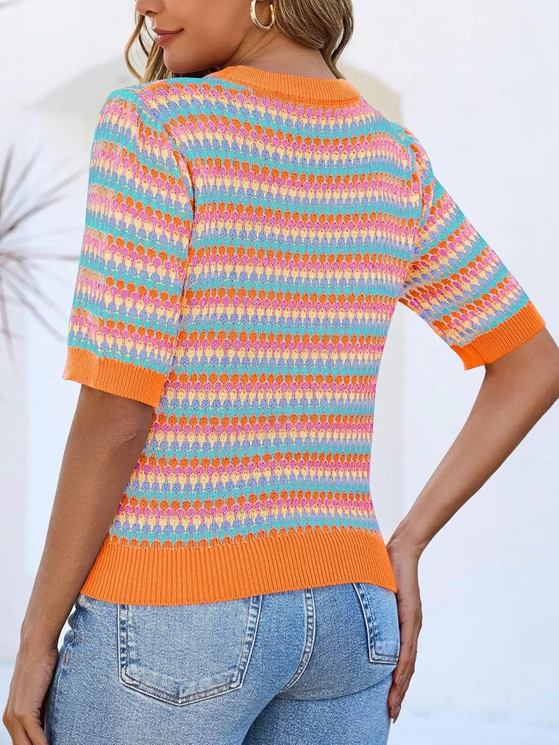 Saodimallsu Womens Short Sleeve Striped Sweater Tops Summer Color Block Crew Neck Cute Colorful Going Out Shirts
