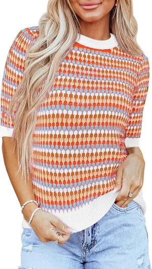 Saodimallsu Womens Short Sleeve Striped Sweater Tops Summer Color Block Crew Neck Cute Colorful Going Out Shirts