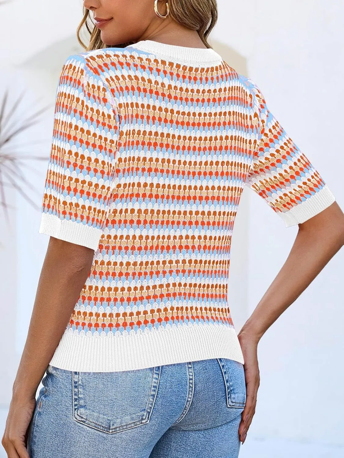 Saodimallsu Womens Short Sleeve Striped Sweater Tops Summer Color Block Crew Neck Cute Colorful Going Out Shirts