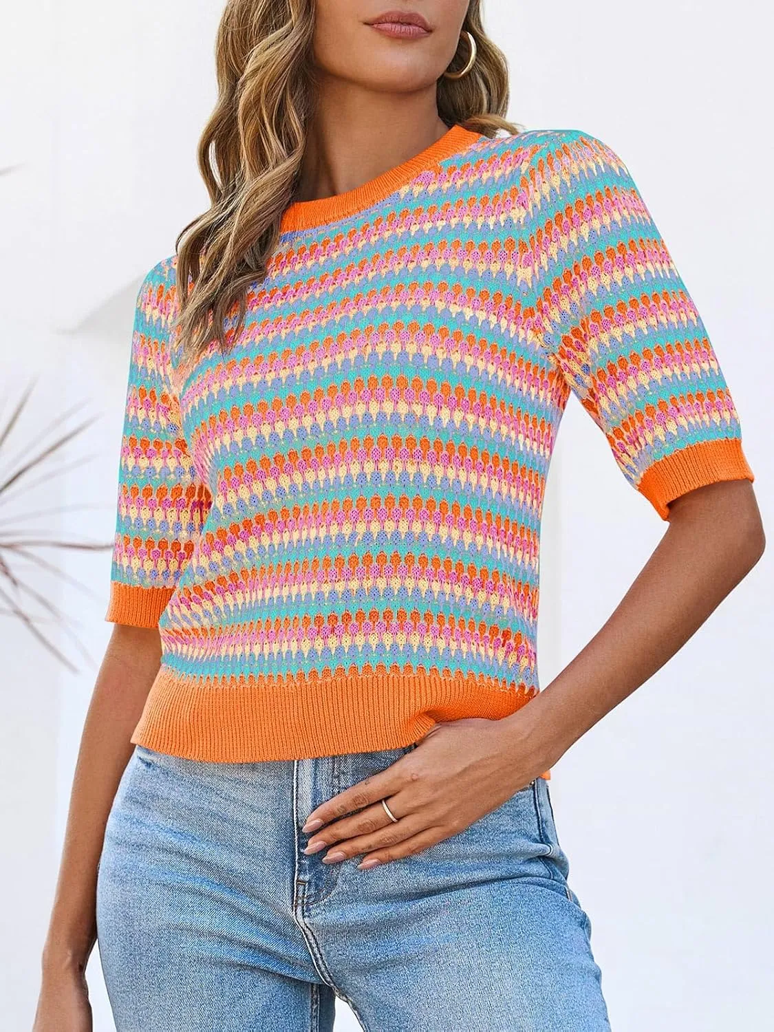 Saodimallsu Womens Short Sleeve Striped Sweater Tops Summer Color Block Crew Neck Cute Colorful Going Out Shirts