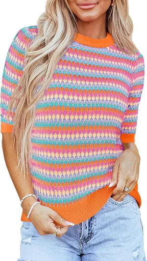 Saodimallsu Womens Short Sleeve Striped Sweater Tops Summer Color Block Crew Neck Cute Colorful Going Out Shirts