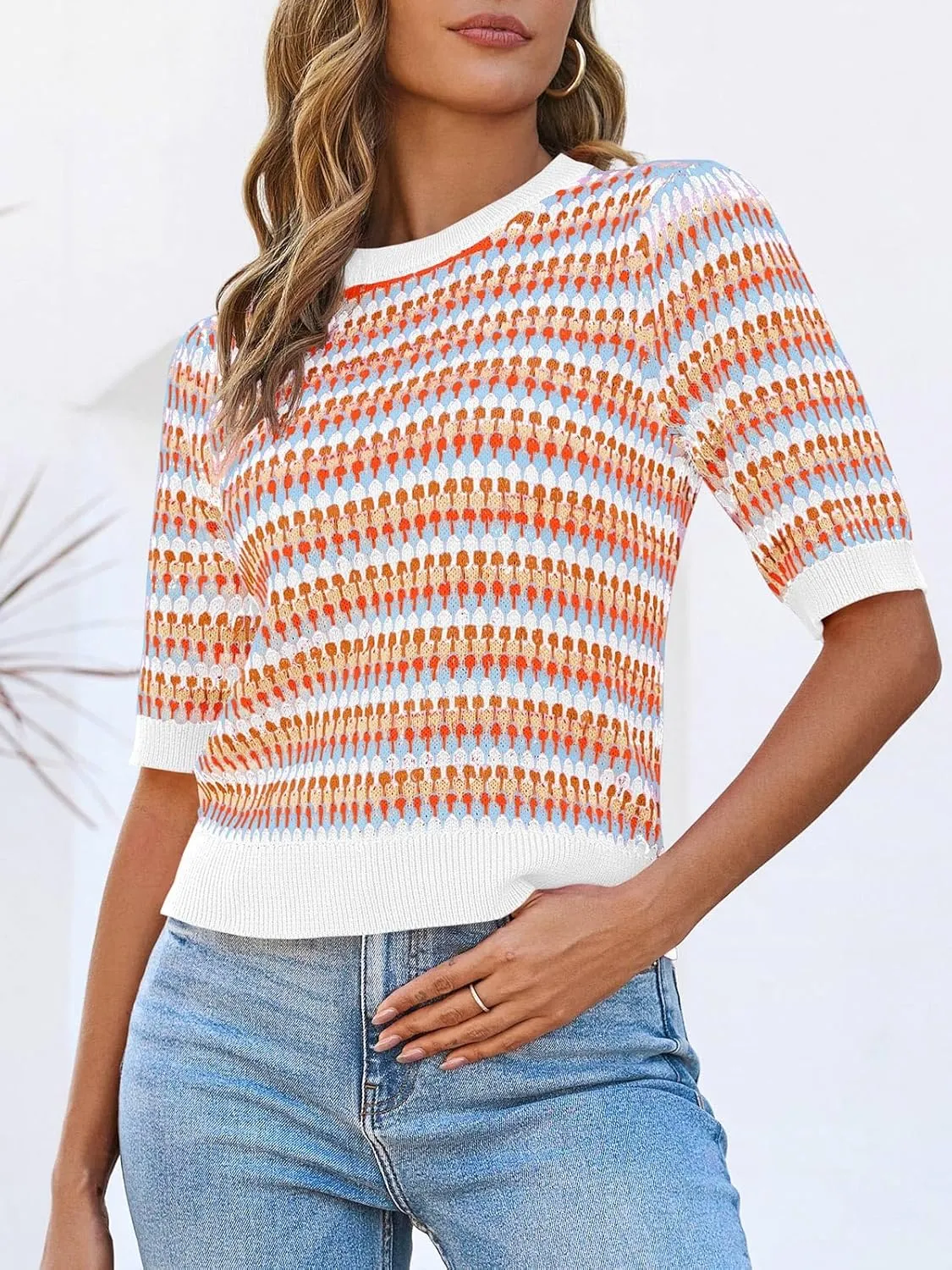 Saodimallsu Womens Short Sleeve Striped Sweater Tops Summer Color Block Crew Neck Cute Colorful Going Out Shirts