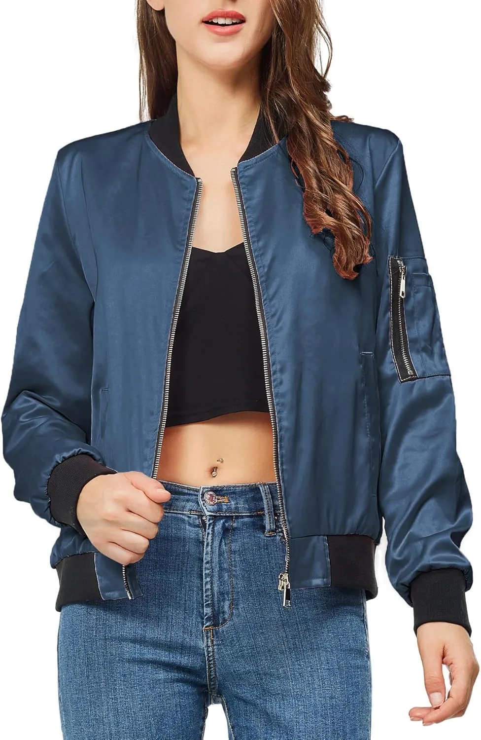 Satin Bomber Jacket Women Casual Fall Varsity Jackets Zip Up Outerwear Windbreaker with Pockets