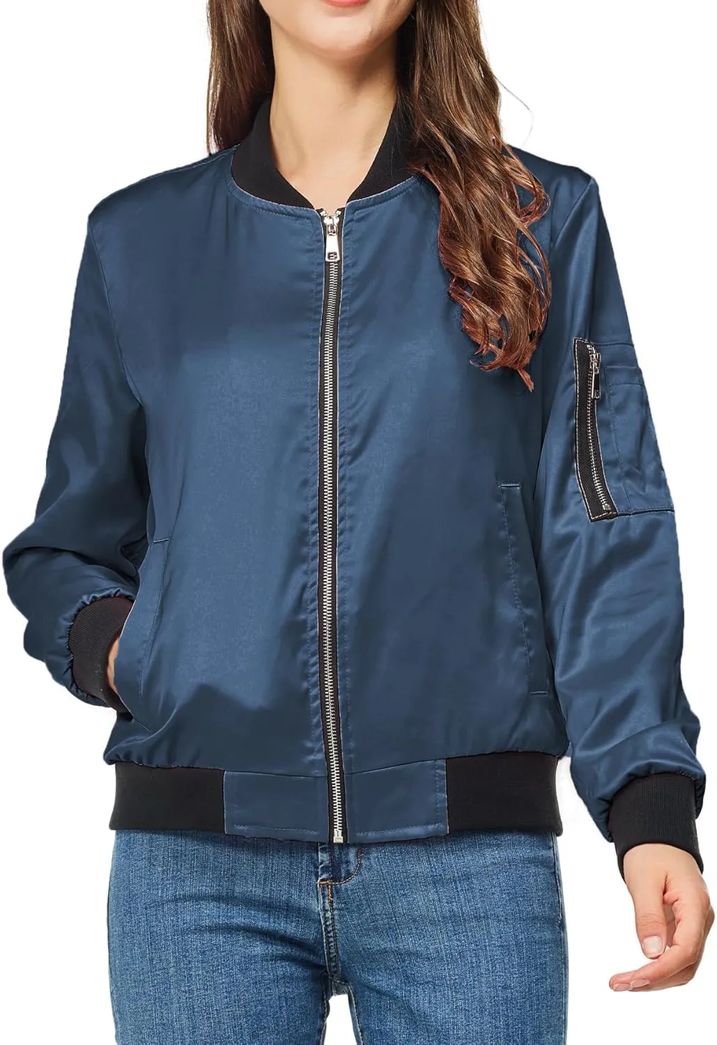 Satin Bomber Jacket Women Casual Fall Varsity Jackets Zip Up Outerwear Windbreaker with Pockets